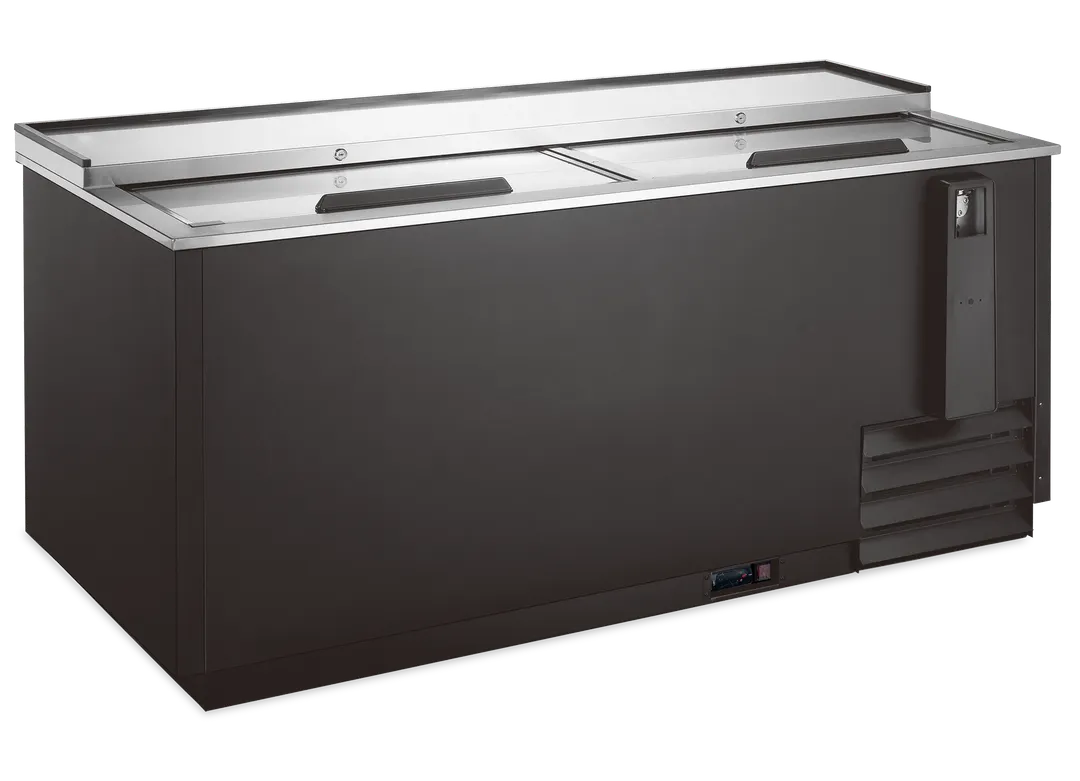 Omcan USA 59040 Bottle Cooler – 17.2 cu ft Capacity, 1/6 HP Compressor, Black Vinyl, Lockable Lids