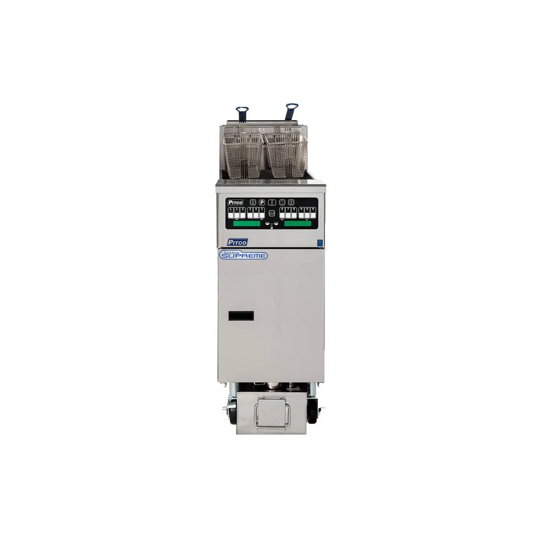 Pitco SELV14T-C/FD Split Pot Floor Model Electric Fryer w/ (2) 15-Lb. Oil Tanks, Filter System