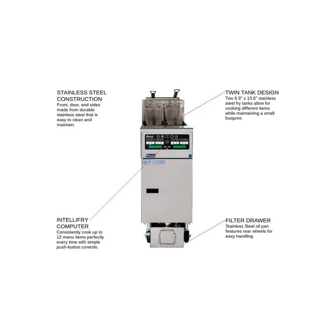 Pitco SELV14T-C/FD Split Pot Floor Model Electric Fryer w/ (2) 15-Lb. Oil Tanks, Filter System