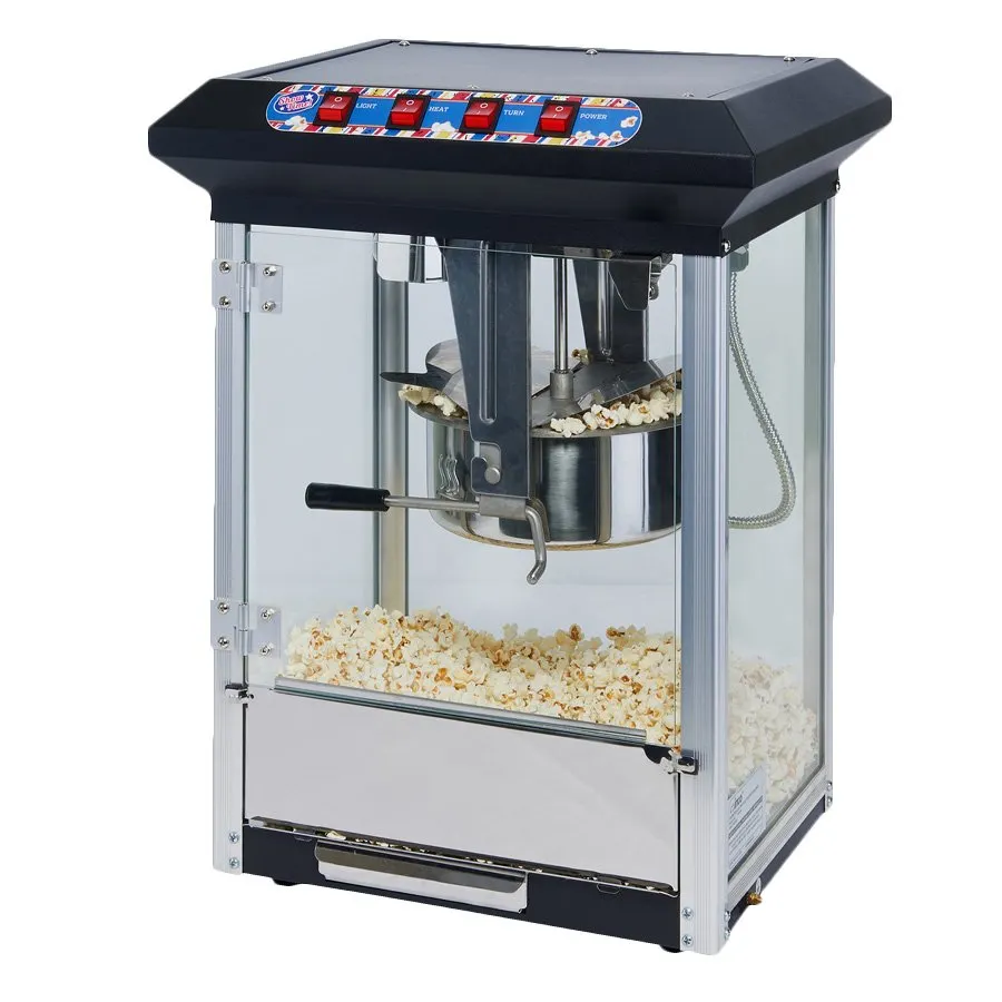 Winco POP-8B 17.75" Popcorn Machine, 8‑oz Black SS Kettle, 120V 1130W, Warmer, Controls, Tray - Set