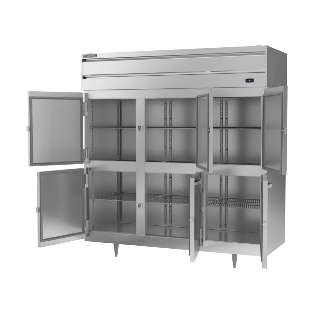 Beverage Air PR3HC-1AHS 77" 3-Section Reach-In Refrigerator w/ 6 Solid Half Doors, Top Mounted, Aluminum Interior, 68 cu. ft.