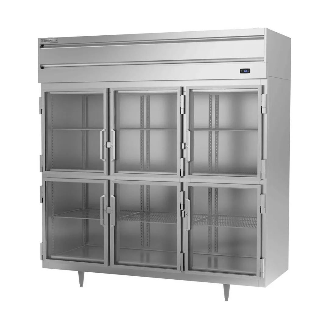 Beverage Air PR3HC-1BHG 77.75'' 3-Section Reach-In Refrigerator w/ 6 Glass Half Doors, Top Mounted, Aluminum Interior, 68 cu. ft.