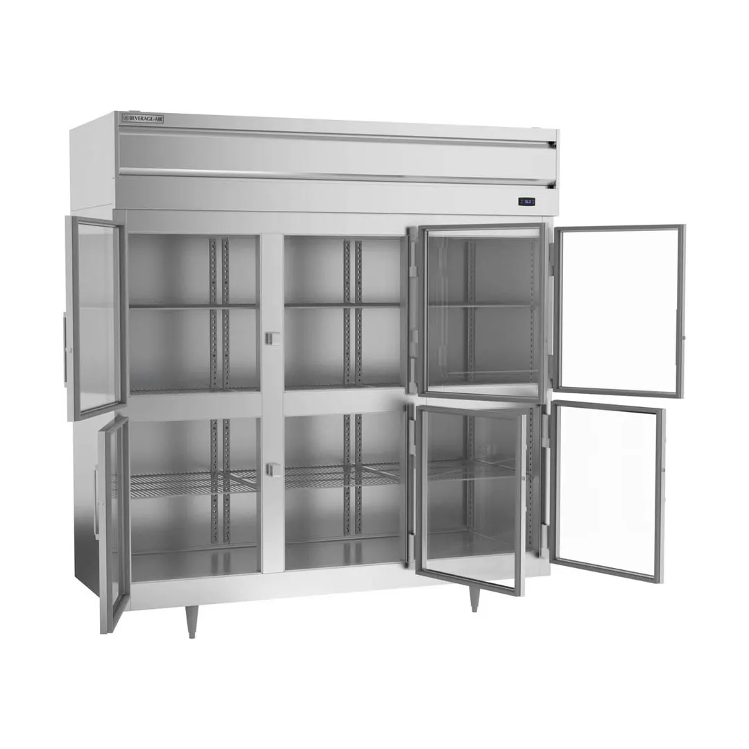 Beverage Air PR3HC-1BHG 77.75'' 3-Section Reach-In Refrigerator w/ 6 Glass Half Doors, Top Mounted, Aluminum Interior, 68 cu. ft.