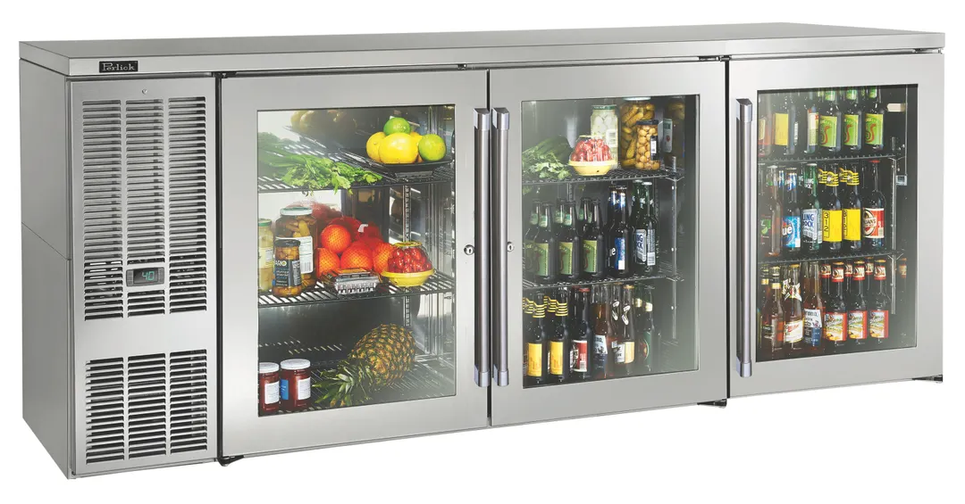Perlick BBS84-SG-L-STK Refrigerated Back Bar Cabinet w/ 24.8 Cu Ft Capacity, 3 Glass Doors