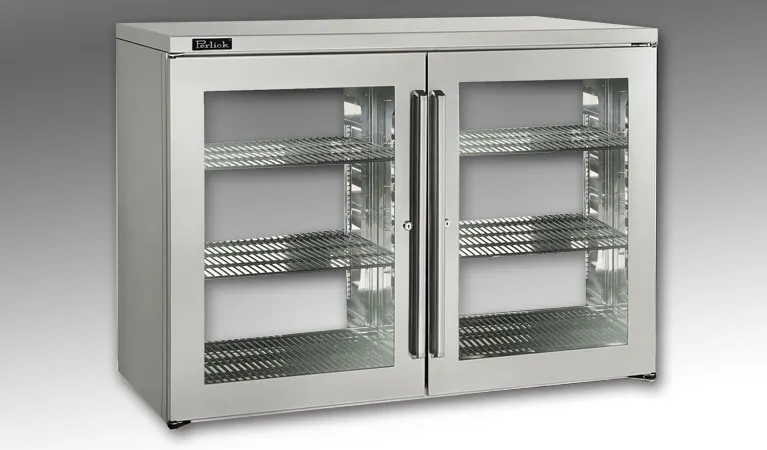 Perlick PTR48 48" Two Section Pass-Thru Back Bar Cabinet w/ 16.6 Cu Ft, 4 Hinged Doors, 48" W