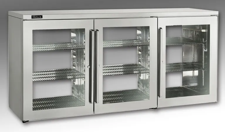 Perlick PTR7272" Three Section Pass-Thru Back Bar Cabinet w/ 25.7 Cu Ft, 6 Hinged Doors, 72" W