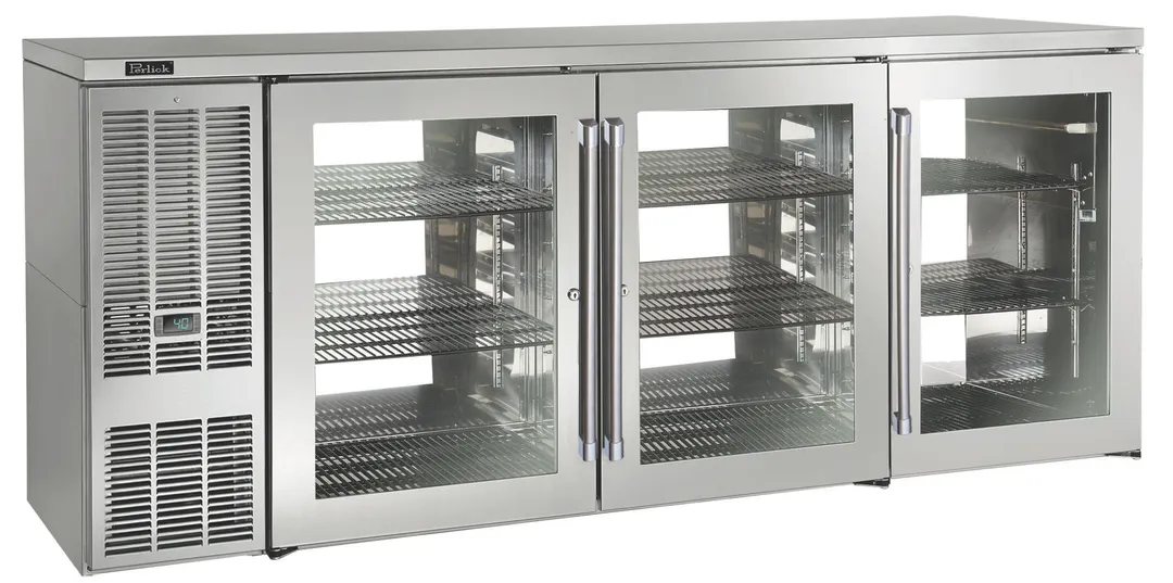 Perlick PTS84 84" Three Section Pass-Thru Back Bar Cabinet w/ 26.7 Cu Ft, 6 Hinged Doors, 60" W