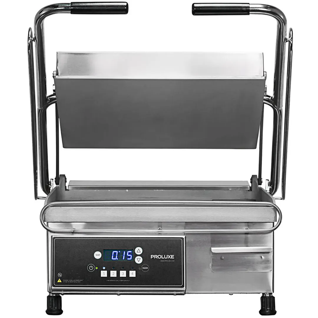 Proluxe CSD1515 Single Sandwich Panini Press Grill w/ Timer, 15" x 15" Grooved Plates, 120V