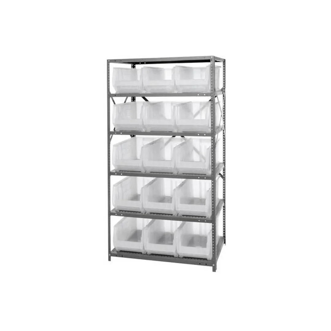 Quantum 2475-953CL Heavy-Duty Galvanized Steel 8 Shelf Shelving Unit w/ 15 Clear Bins Capacity 