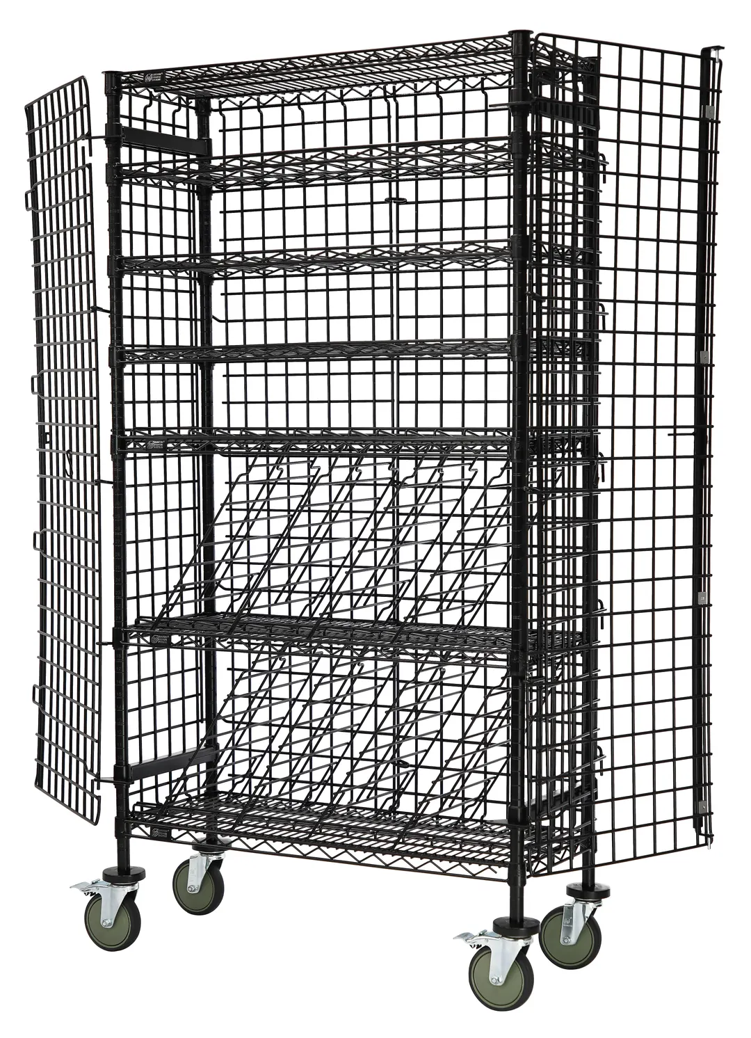 Quantum M1448-69MIXSECBK Mobile Security Wine Rack, 48"W x 18"D x 69"H, 3 Wire Shelves, 6 Dividers, Black Epoxy, NSF