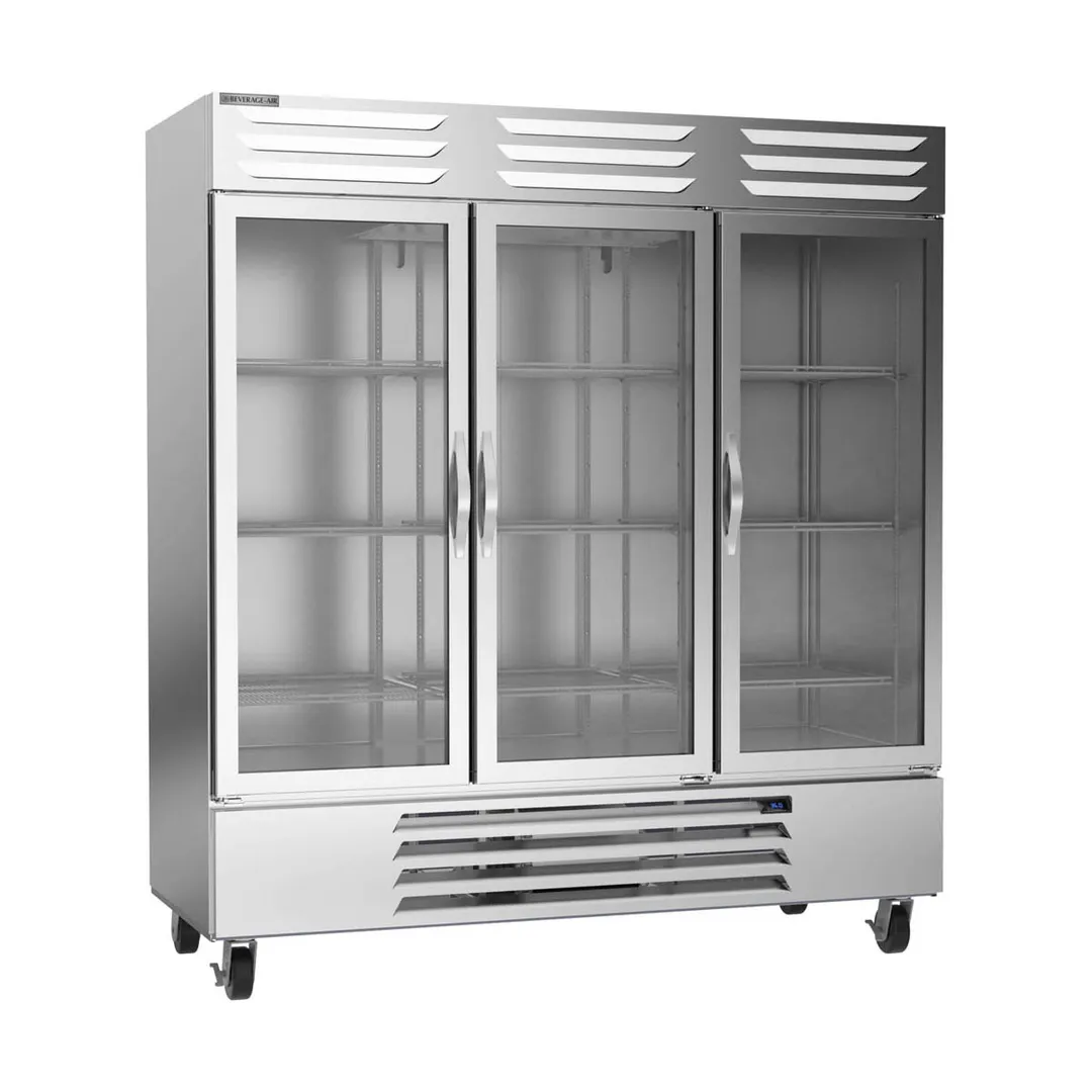 Beverage Air RB72HC-1G 75" Three Reach-In Refrigerator w/ 3 Glass Doors, Bottom Mounted, Aluminum Interior, 69 cu. ft.