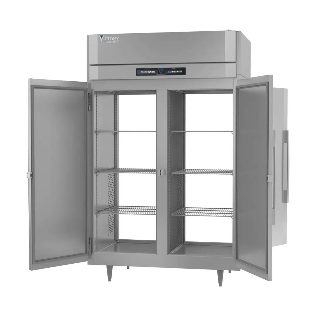 Victory RFSA-2D-S1-PT-HC 52" 2-Section Pass-Thru Refrigerator Freezer Combo w/ 4 Solid Doors, Aluminum Interior