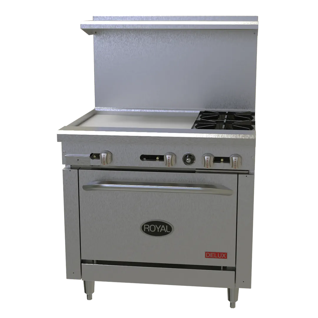 Royal Range of California RDR-4G12 36" Gas Restaurant Range w/ (4) Open Burners, 12" Griddle, (1) Standard Oven, 175.000 BTU