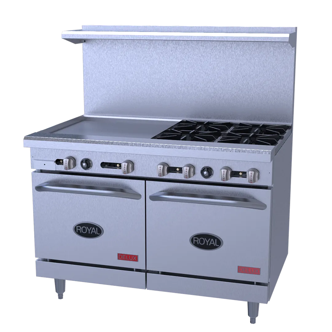 Royal Range of California RDR-6G12-126C 48" Gas Restaurant Range w/ (6) Open Burners, 12" Griddle, (1) Convection Oven, (1) Open Cabinet Base, 230.000 BTU 