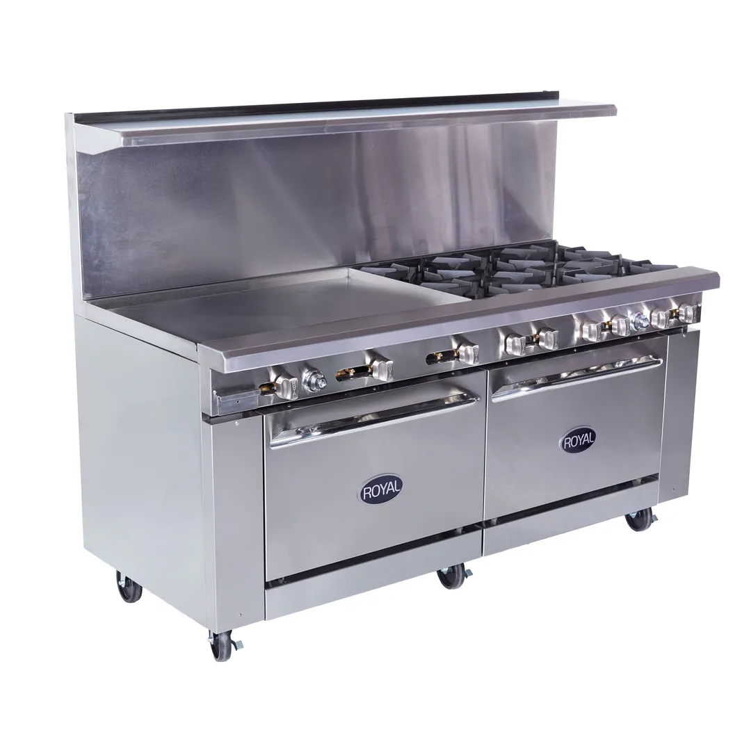 Royal Range of California RR-6G36 72" Gas Restaurant Range w/ (6) Open Burners, 36" Griddle, (2) Standard Ovens, 310.000 BTU