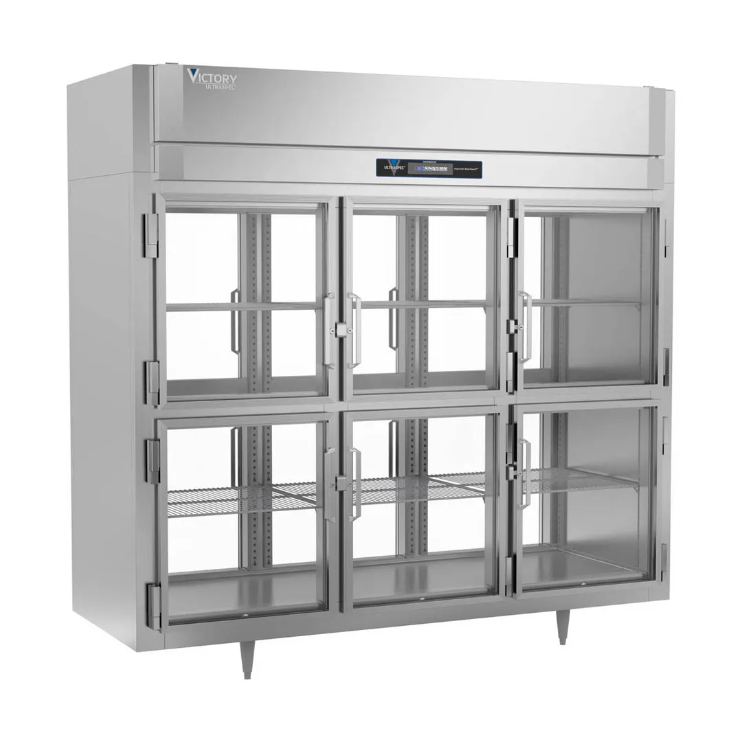Victory RSA-3D-S1-EW-PT-HG-HC 3-Section Wide Pass-Thru Refrigerator w/ 12 Glass Swing Half Doors, Aluminum Interior, 80 cu. ft.