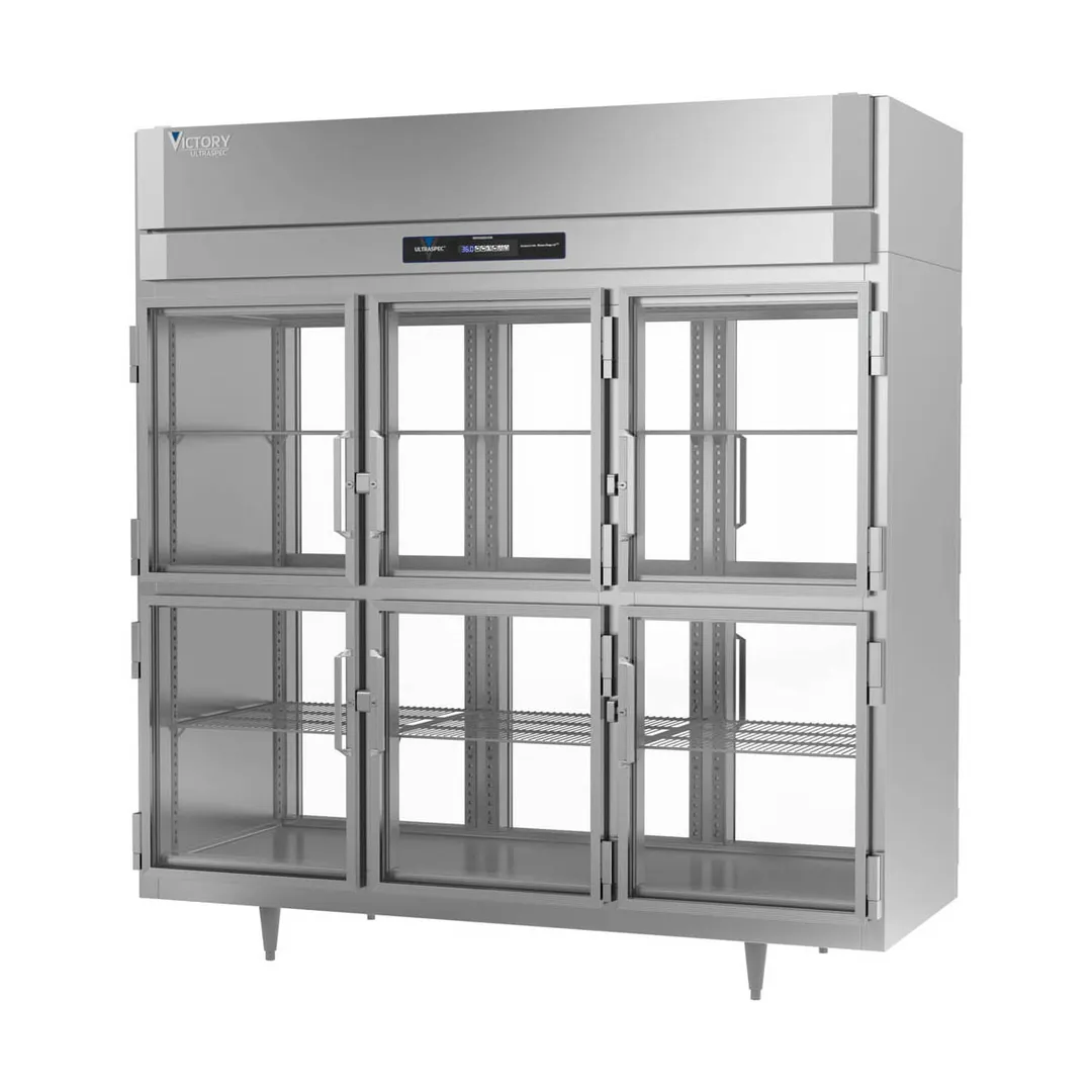 Victory RSA-3D-S1-PTHDGDHC 78" 3-Section Pass-Thru Refrigerator w/ 12 Glass Swing Half Doors, Aluminum Interior, 74 cu. ft.