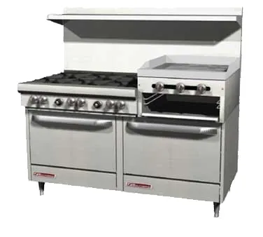 Southbend 4603AA-2RR 60" Gas Restaurant Range w/ (6) Open Burners, 24" Raised Griddle/Broiler, (2) Convection Ovens, 295.500 BTU