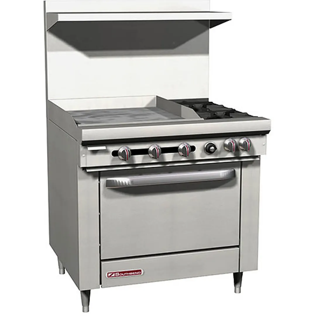 Southbend S36D-2GL 36" Gas Restaurant Range w/ (2) Open Burners, 24" Griddle Left, (1) Standard Oven, 139.000 BTU
