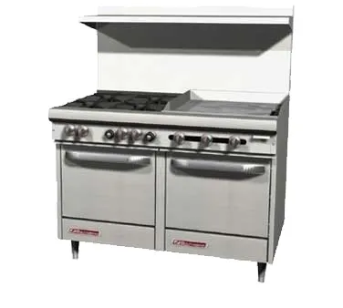 Southbend S48EE-3TL 48" Gas Restaurant Range w/ (2) Open Burners, 36" Griddle Left w/ Thermostatic Controls, (2) Space Saver Ovens, 190.000 BTU