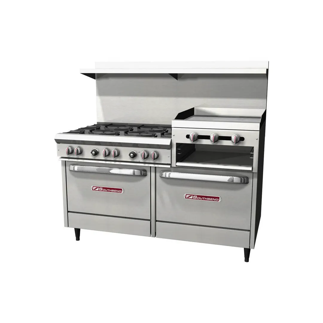 Southbend S60DD-2RR 60" Gas Restaurant Range w/ (6) Open Burners, 24" Raised Griddle/Broiler, (2) Standard Ovens, 271.500 BTU