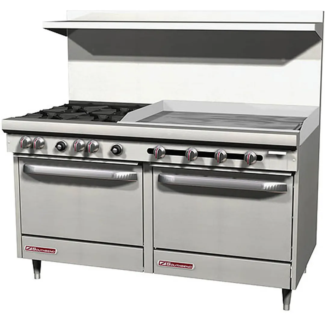 Southbend S60DD-3GR 60" Gas Restaurant Range w/ (4) Open Burners, 36" Griddle Right, (2) Standard Ovens, 246.000 BTU 