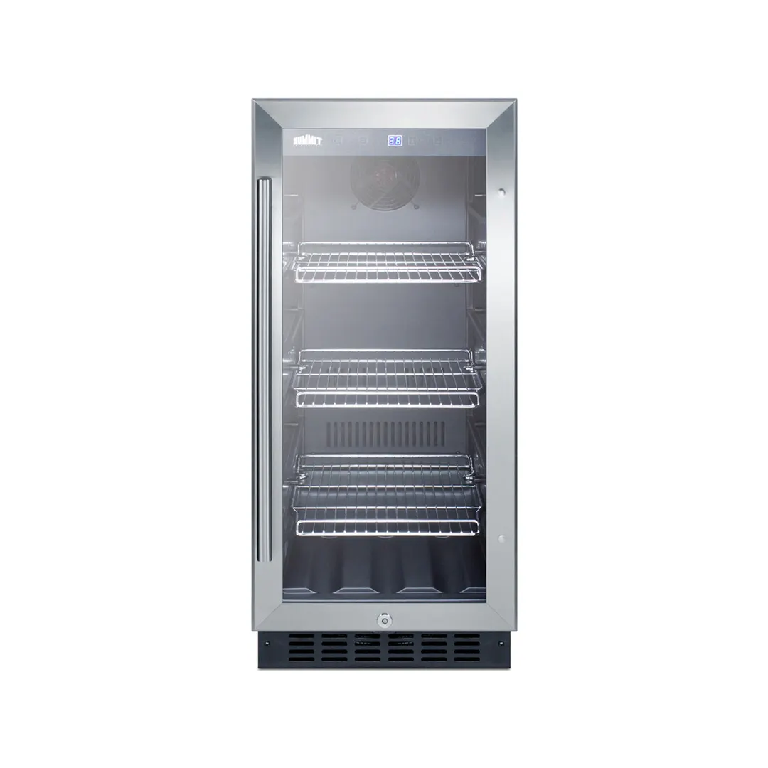 Summit SCR1536BG Beverage Refrigerator, 15" Black, 2.45 cu ft, Thermostat, Glass Door, Built‑In