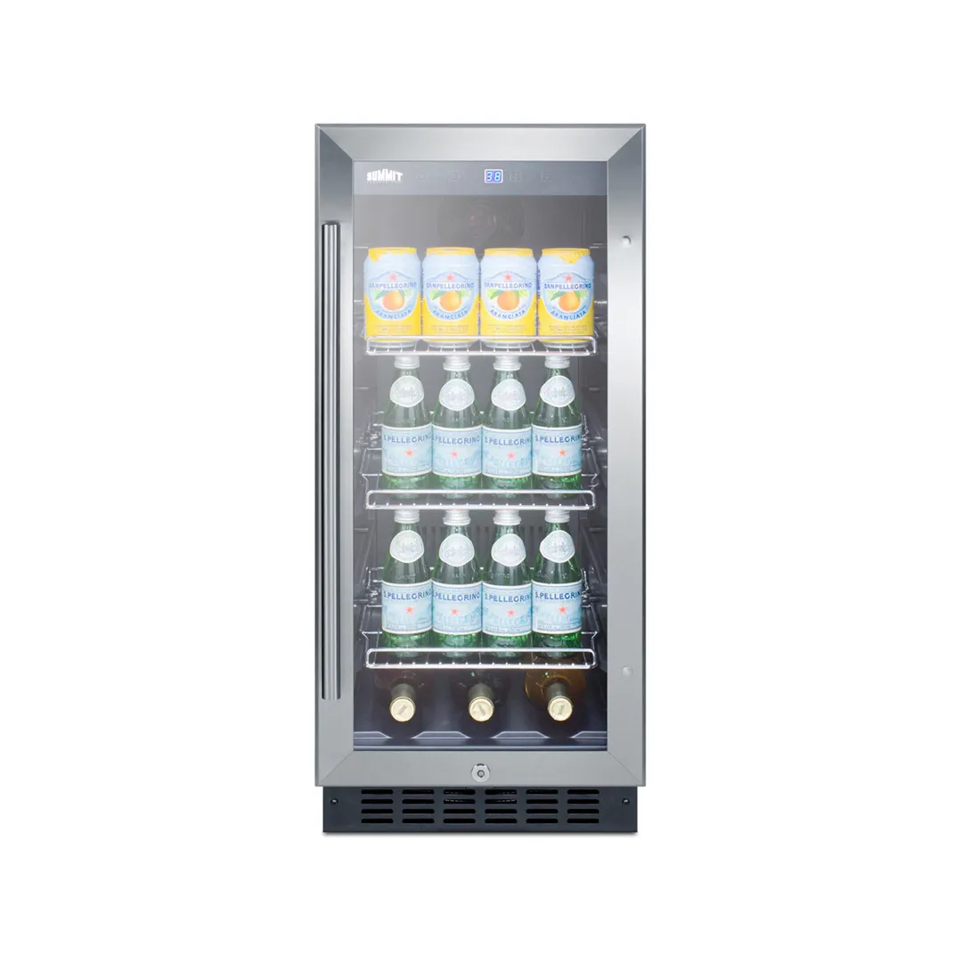 Summit SCR1536BG Beverage Refrigerator, 15" Black, 2.45 cu ft, Thermostat, Glass Door, Built‑In