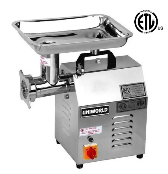 Uniworld TC-22E 250 lb/h Electric Meat Grinder, 1.25 HP, 1900 RPM, Feed Pan, Stomper, Knife & 1/4" & 3/8" Plates