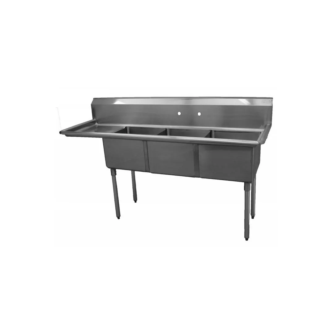 Serv-Ware E3CWP1515L-15 62" Three Compartment Sink, 15"W x 15"L Bowl With Left-Hand Drainboard