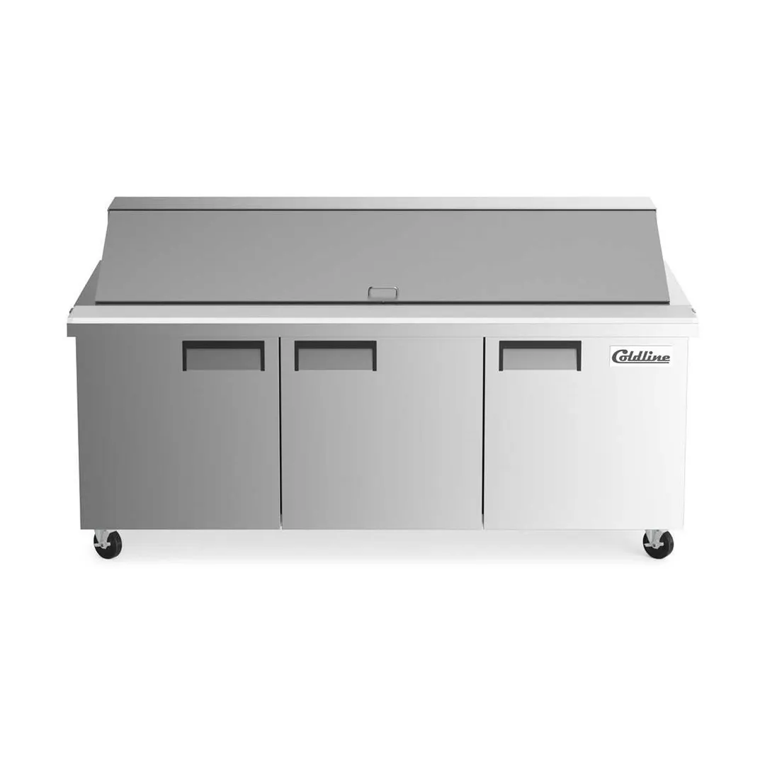 Coldline SMP72 70-2/5" 3-Door Mega Top Sandwich and Salad Prep Table, 30 Pans, Stainless Steel