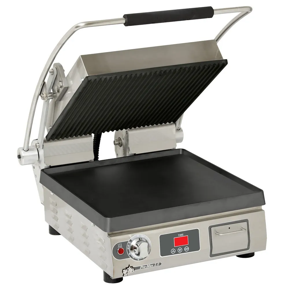 Star PST14ITGT Single Cast Iron Sandwich Grill w/ Timer, Grooved & Smooth Plates, Manual Controls
