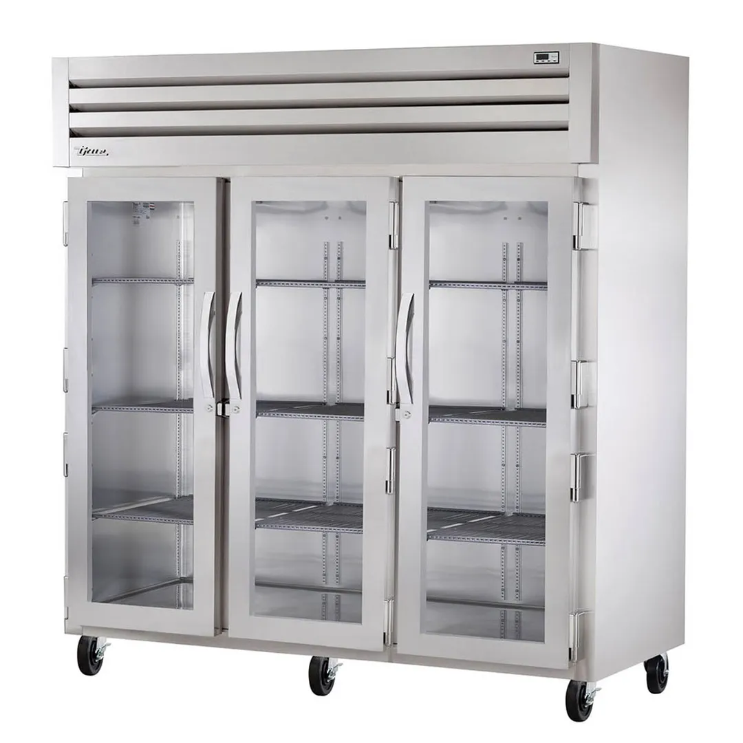 True STA3R-3G 77" 3-Section Reach-In Refrigerator w/ 3 Glass Doors, Top Mount, Aluminum Interior-Stainless Floor