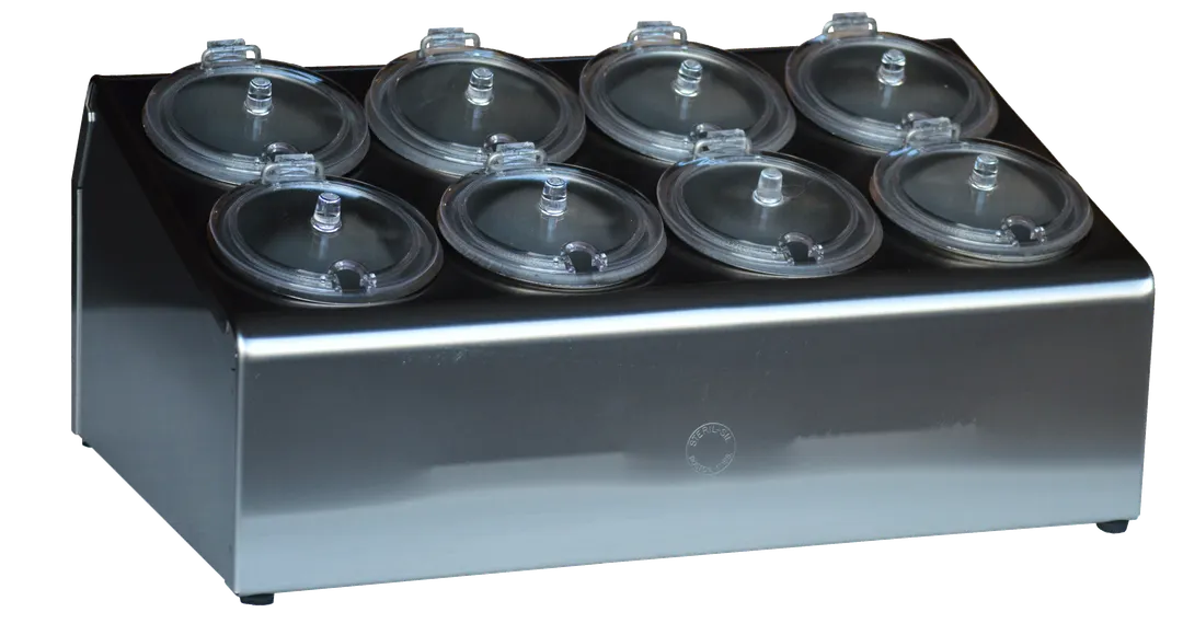 Steril‑Sil TC‑8SW 8‑Hole Silver Steel Bar, Non‑Ins, 8 SC‑750 Containers + HC‑20‑X Lids, Made in USA