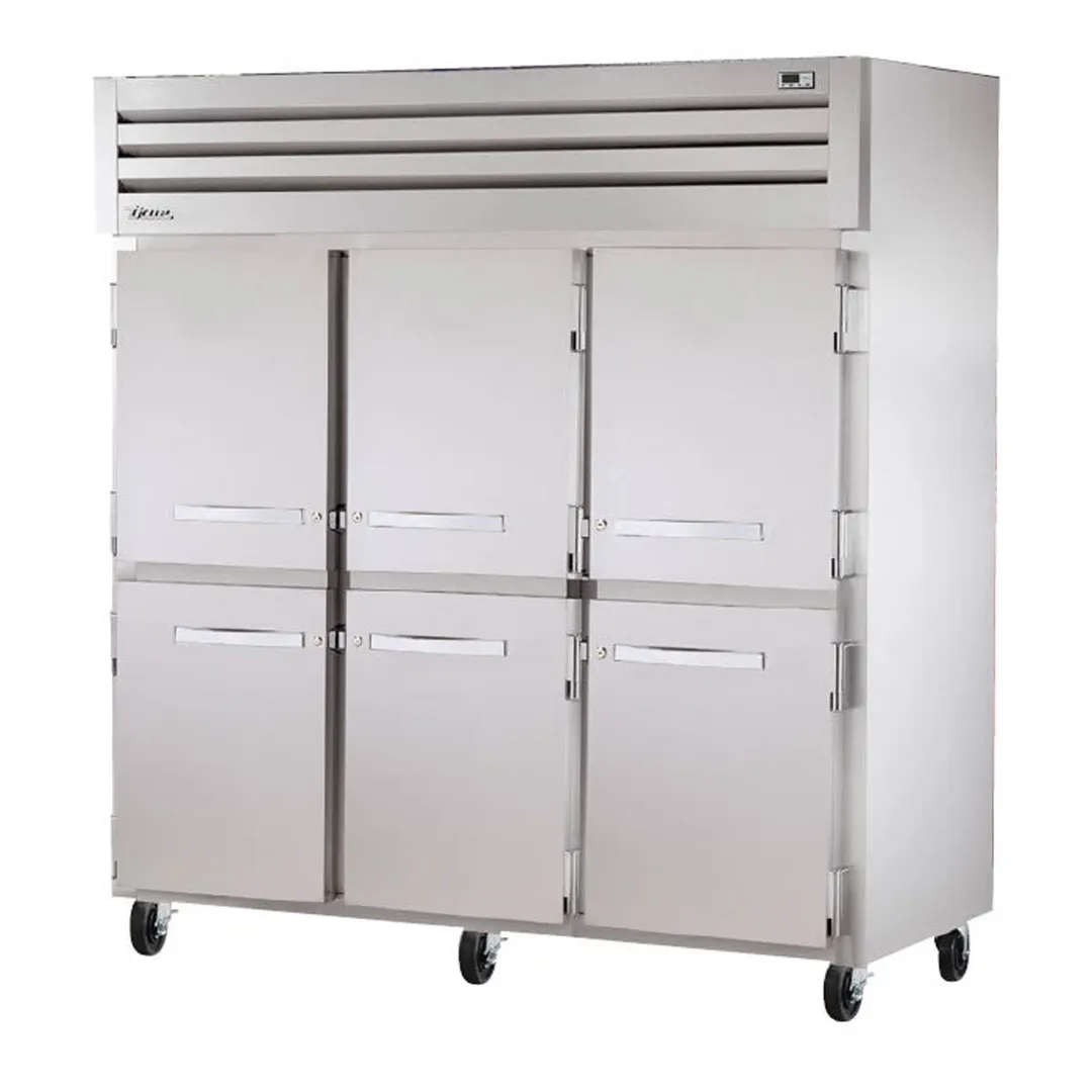 True STG3F-6HS-HC 77.75" 3-Section Reach-In Freezer, 6 Half Doors, Top Mounted, 72 cu. ft., Stainless Steel Front, Aluminum Sides