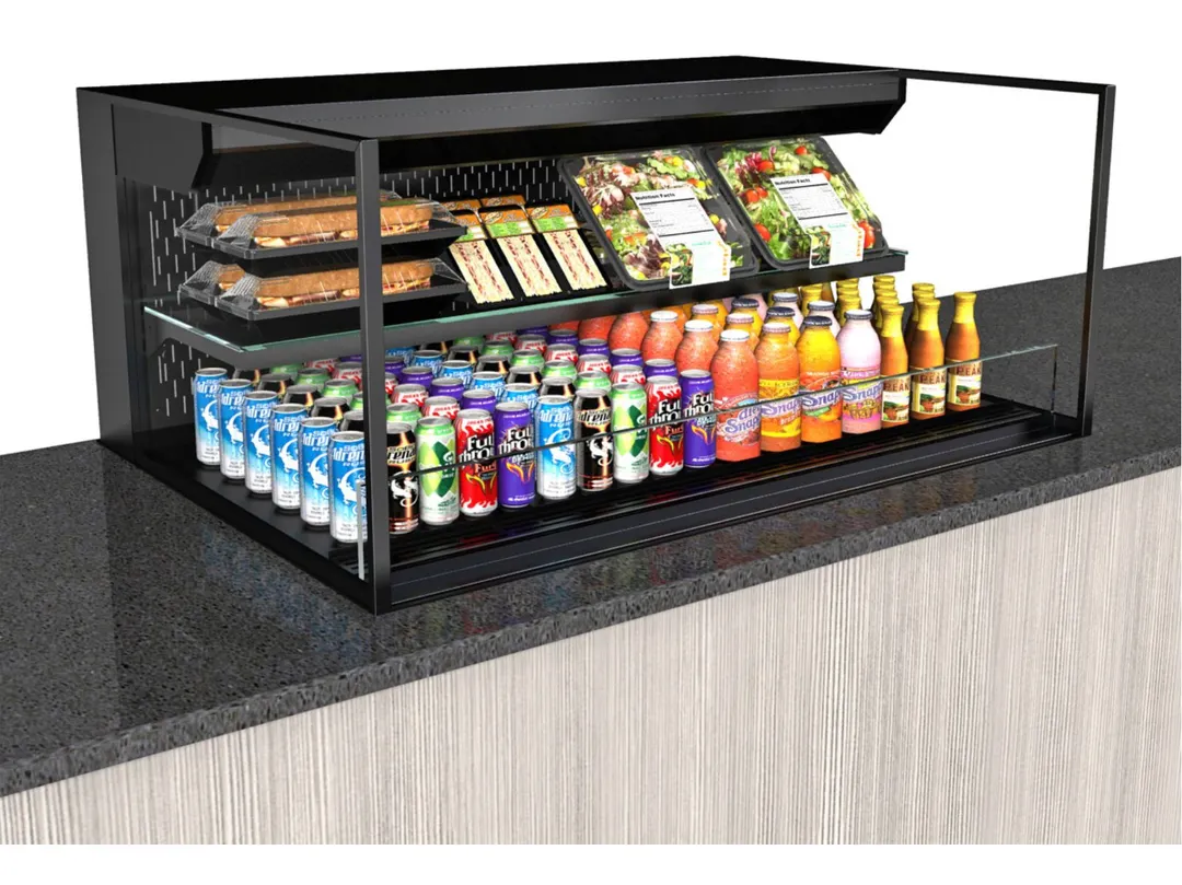 Structural Concepts NE3620RSSV 36" Reveal® Self-Service Refrigerated Slide In Counter Case, One Shelf, Open Flat, Glass Side Panels
