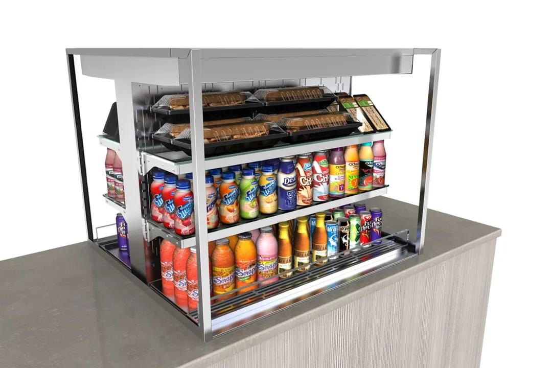 Structural Concepts NE3627RSSV2 Reveal® Self-Service Refrigerated Slide In Counter Case, 4 Shelves, Open Flat, Glass Side Panels
