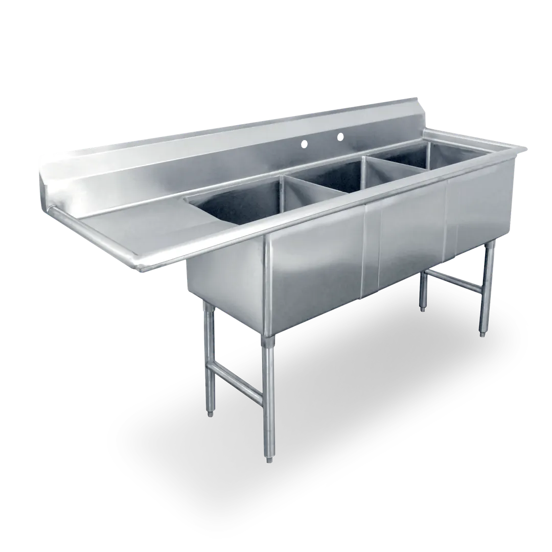 Steel Works SWS3C162012-18L-318 68" Three Compartment Sink, 20"W x 16"L Bowl With Left-Hand Drainboard