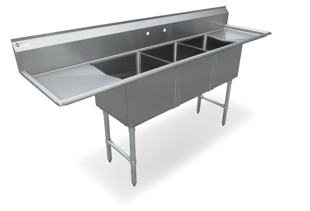 Steel Works SWS3C162012-24LR-318 96" Three Compartment Sink, 20"W x 16"L Bowl With 2 Drainboards
