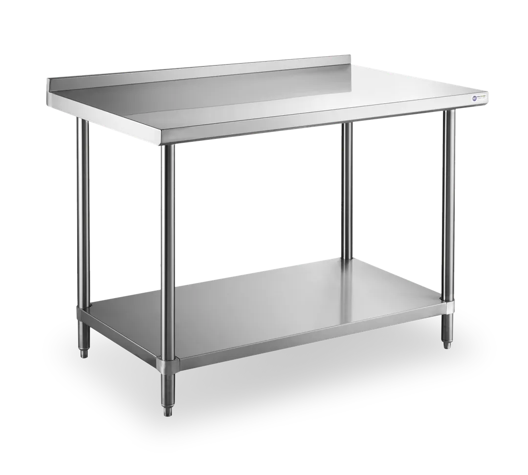 Steel Works SWWTS-3048-2R-318 30" Open Base Work Table with Undershelf, 2" Backsplash / 18 Gauge Top