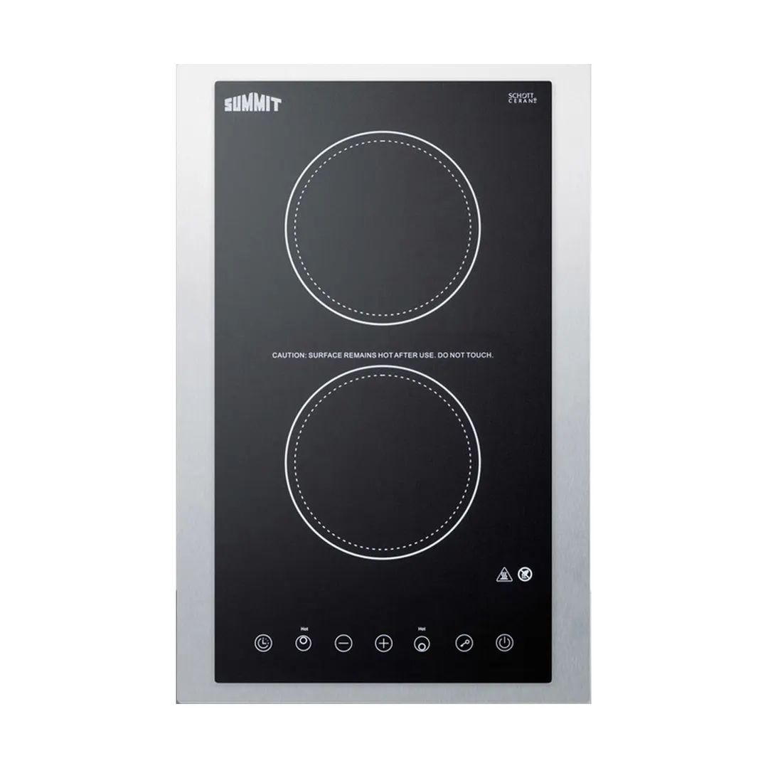 Summit CR2B15T1BTK15 15" Electric Radiant Cooktop w/ (2) Burners, Black Ceramic Glass and Stainless Steel Frame, Digital Controls, 2.4 kW, 115v