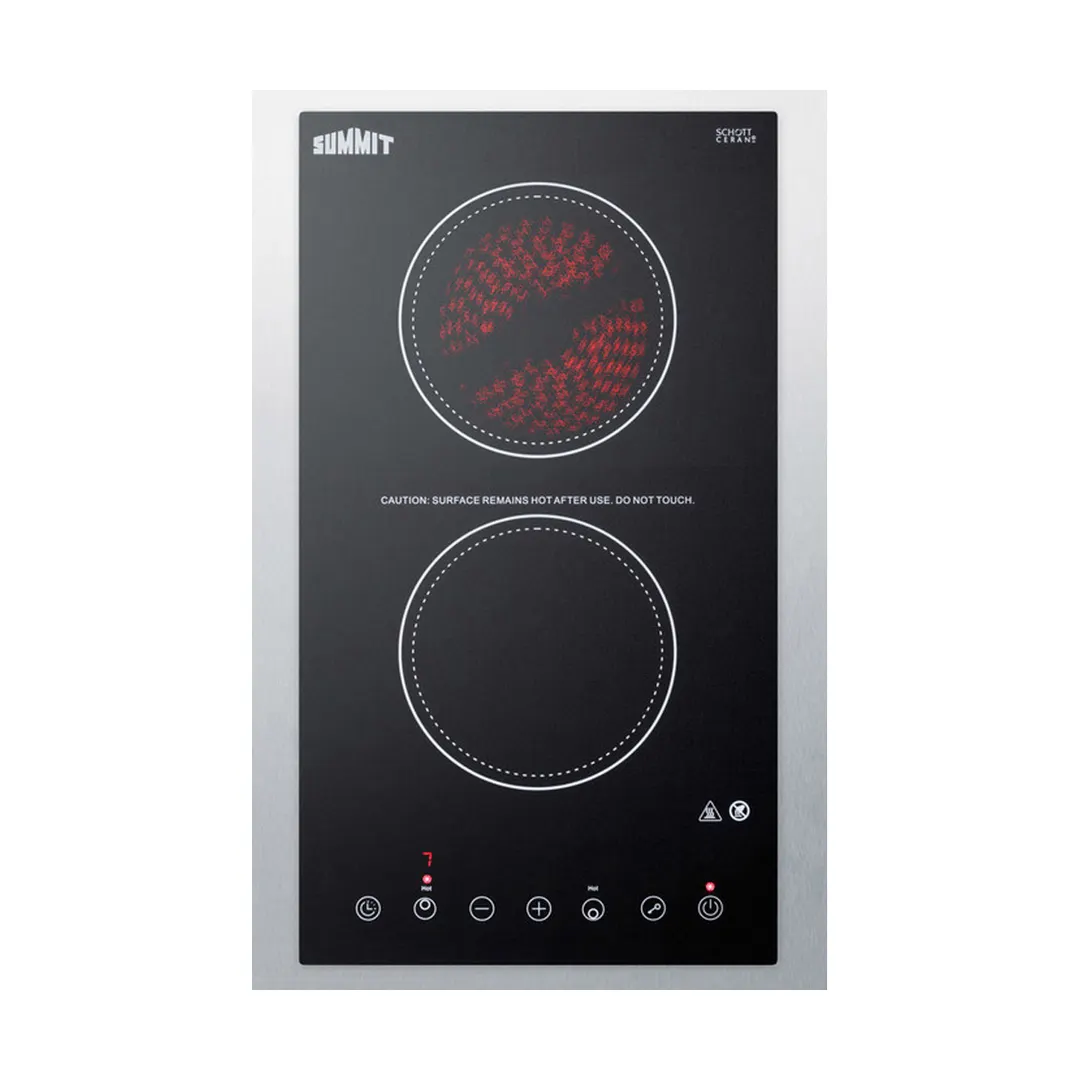 Summit CR2B15T1BTK15 15" Electric Radiant Cooktop w/ (2) Burners, Black Ceramic Glass and Stainless Steel Frame, Digital Controls, 2.4 kW, 115v