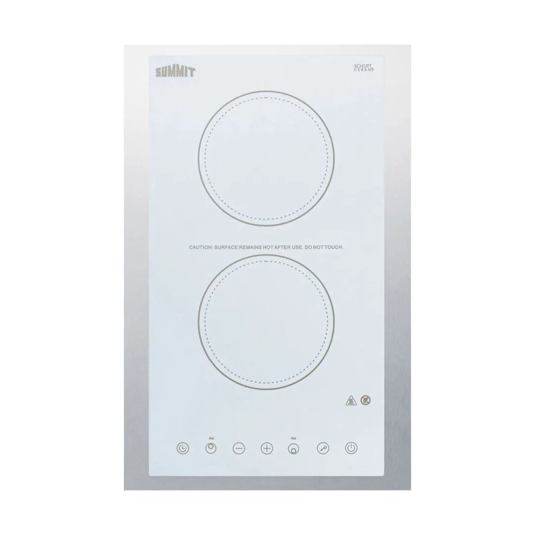 Summit CR2B15T2WTK15 15" Electric Radiant Cooktop w/ (2) Burners, White Ceramic Glass and Stainless Steel Frame, Digital Controls, 2.4 kW, 115v