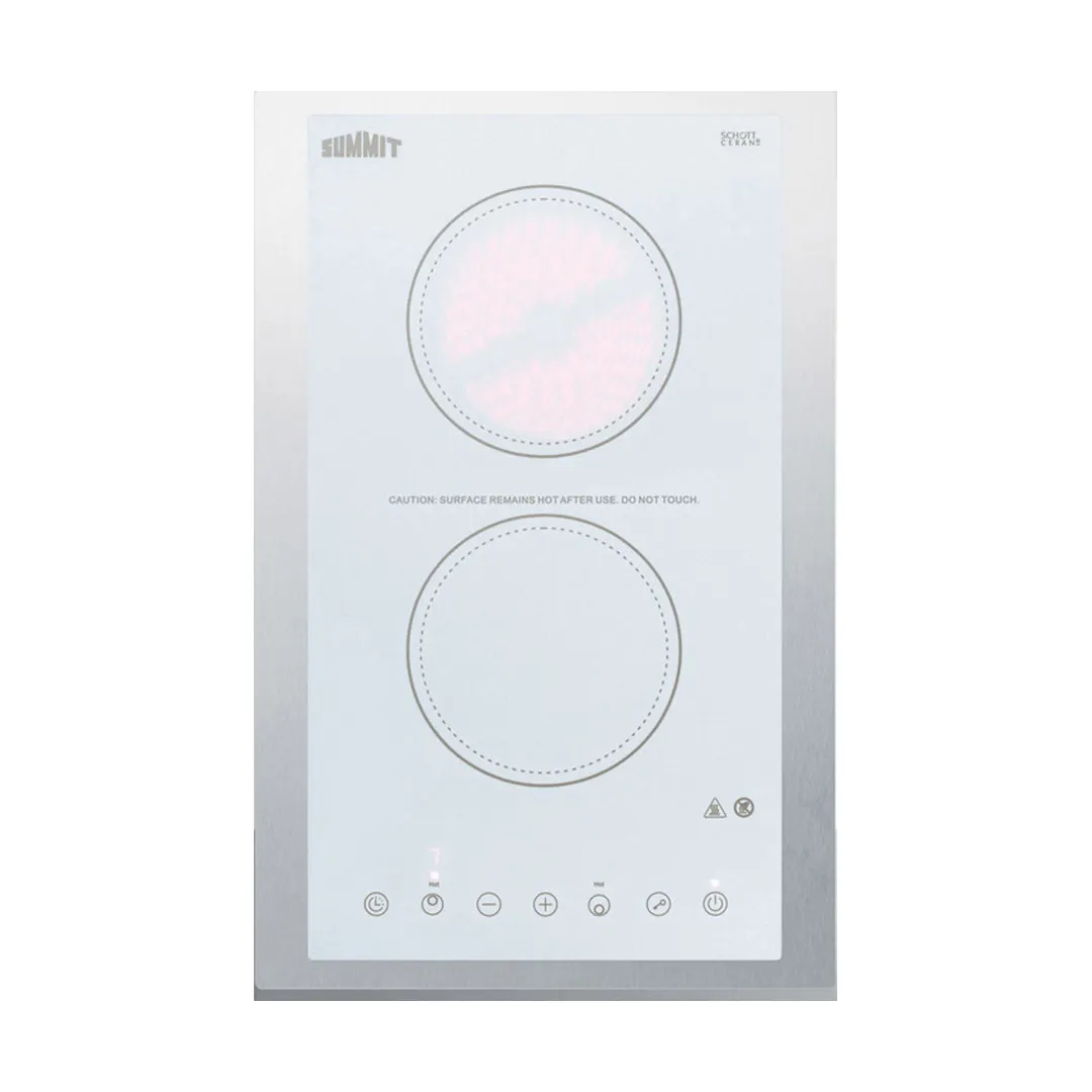 Summit CR2B15T2WTK15 15" Electric Radiant Cooktop w/ (2) Burners, White Ceramic Glass and Stainless Steel Frame, Digital Controls, 2.4 kW, 115v