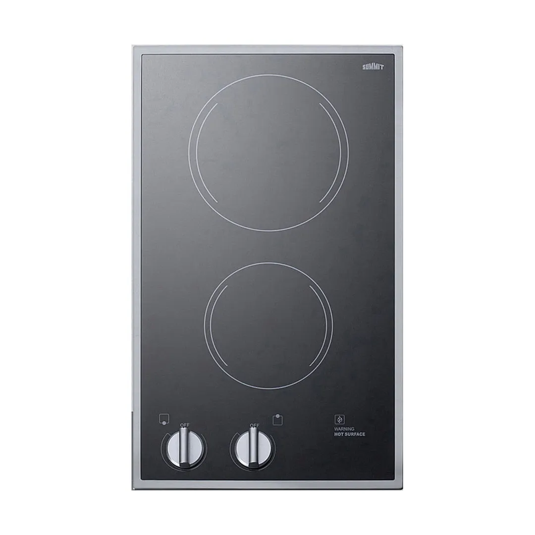 Summit CR2B22ST 12" Electric Radiant Cooktop w/ (2) Burners, Black Ceramic Glass and Stainless Steel Frame, 3.0 kW, 220/240v