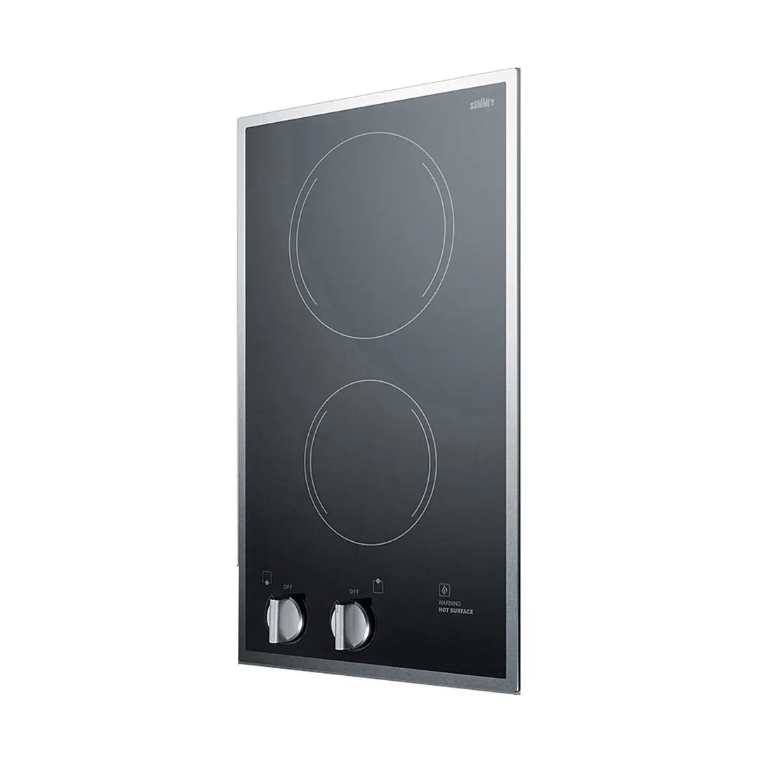 Summit CR2B22ST 12" Electric Radiant Cooktop w/ (2) Burners, Black Ceramic Glass and Stainless Steel Frame, 3.0 kW, 220/240v