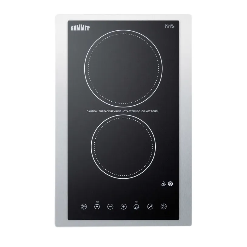 Summit CR2B23T3BTK15 15" Electric Radiant Cooktop w/ (2) Burners, Black Ceramic Glass and Stainless Steel Frame, Digital Controls, 3.0 kW, 230v
