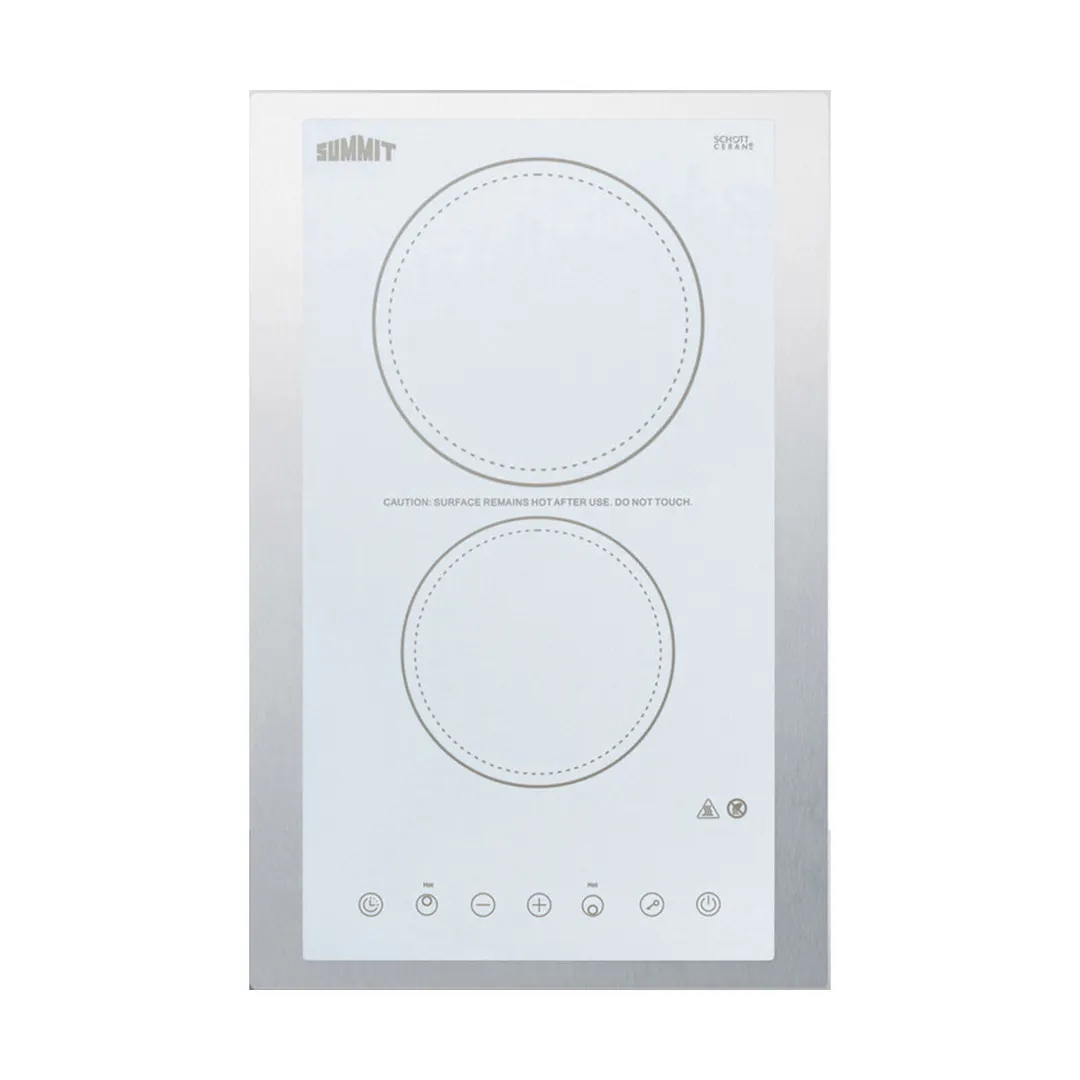 Summit CR2B23T4WTK15 15" Electric Radiant Cooktop w/ (2) Burners, White Ceramic Glass and Stainless Steel Frame, Digital Controls, 3.0 kW, 230v