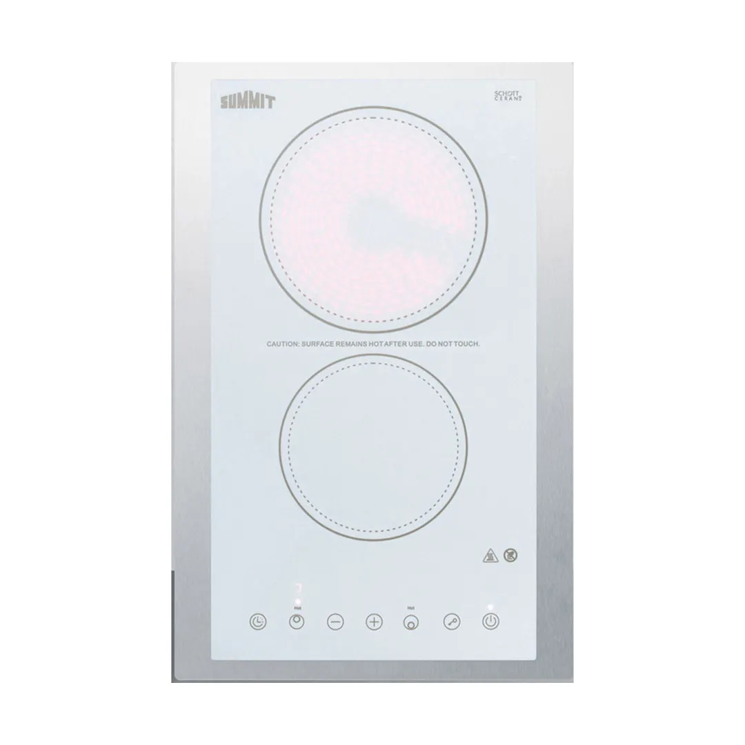 Summit CR2B23T4WTK15 15" Electric Radiant Cooktop w/ (2) Burners, White Ceramic Glass and Stainless Steel Frame, Digital Controls, 3.0 kW, 230v