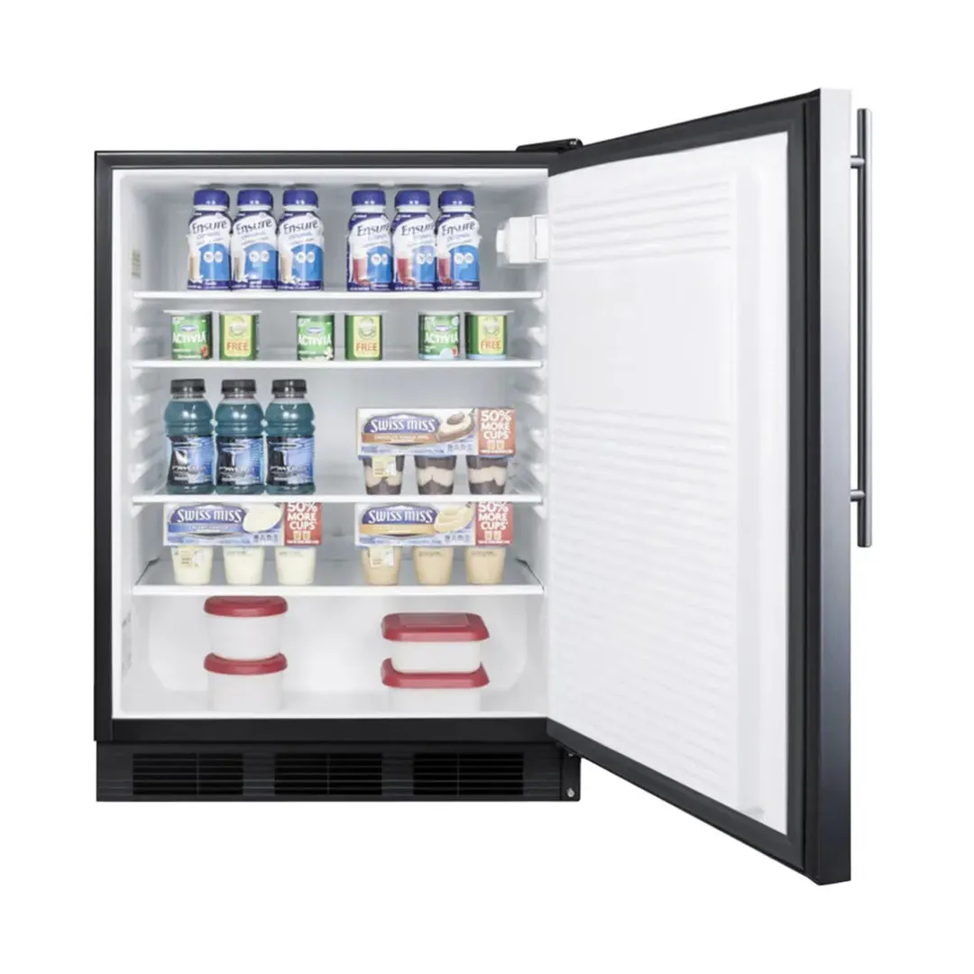 Summit FF7BKSSHV 24" Freestanding Undercounter Refrigerator in Black, Stainless Steel Door, Thin Handle, 5.5 cu ft